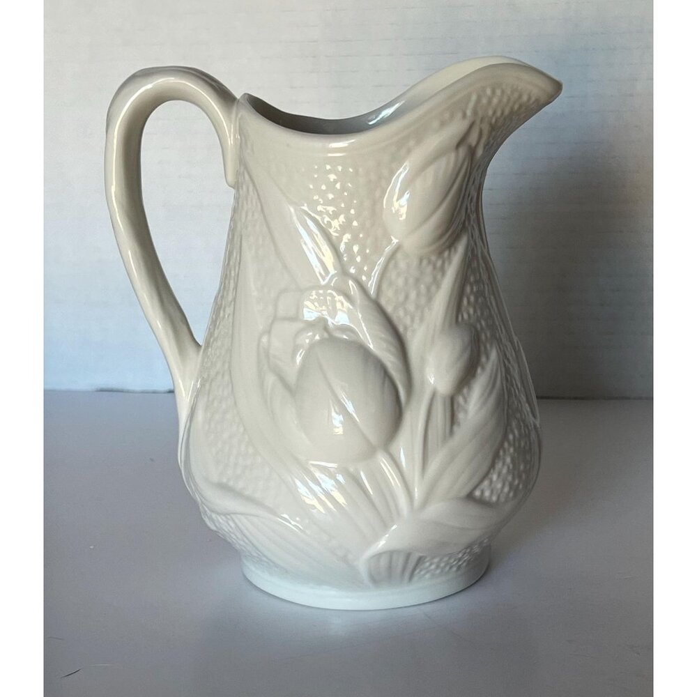 Vintage Bombay Company White Ceramic Pitcher Embossed Tulip Relief